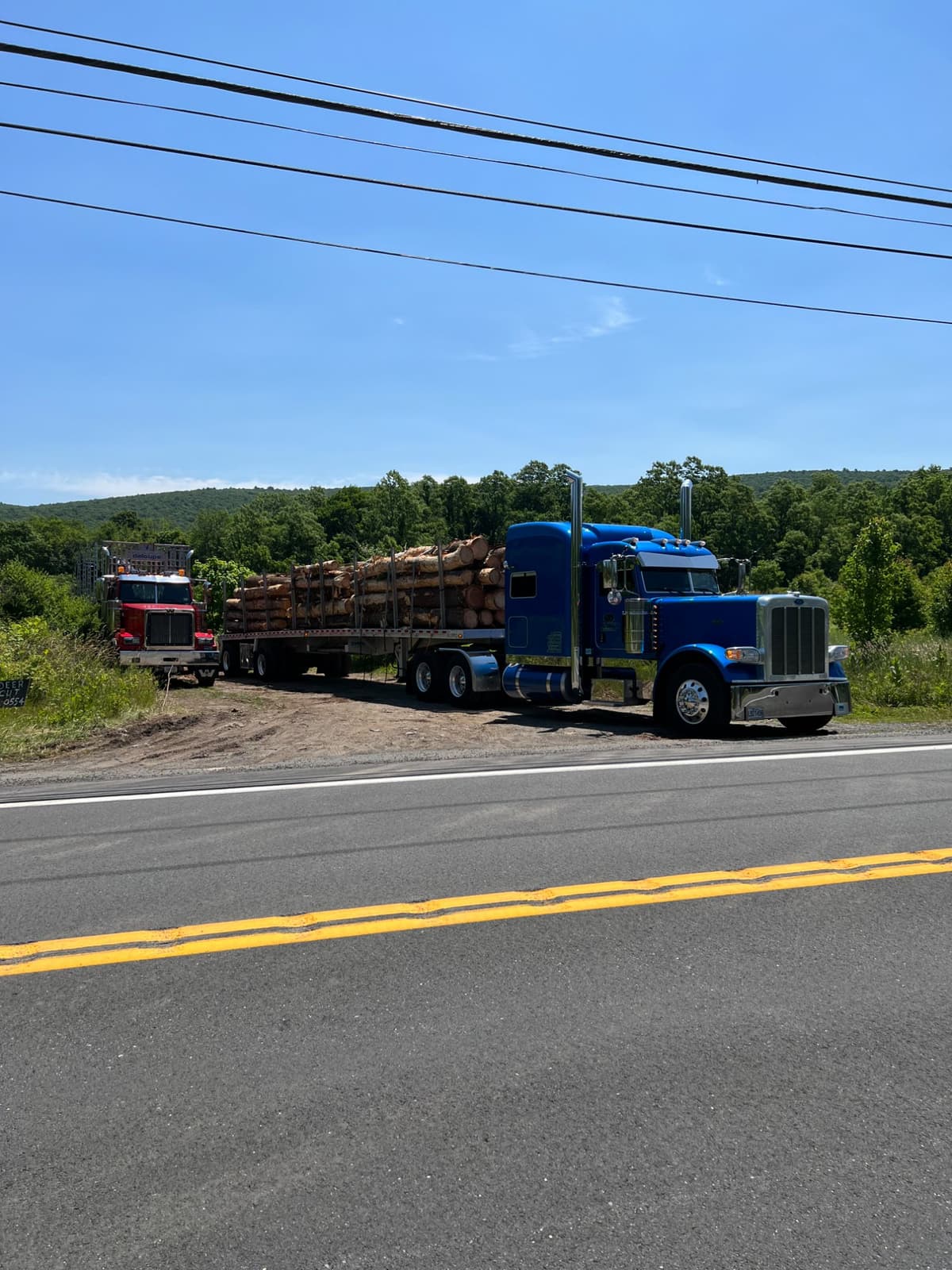 Log trucks loaded for timber export in the Hudson Valley, NY